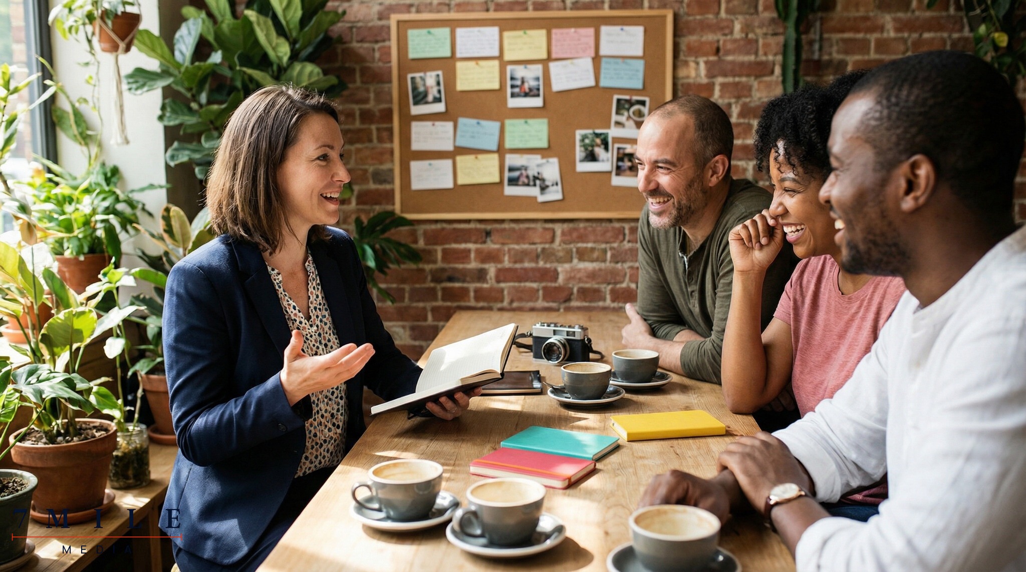 Businesswoman leading a storytelling session with engaged adults at a café, illustrating conversion-driven storytelling in marketing.