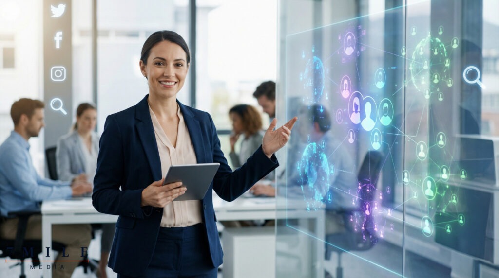 Professional marketer illustrating precision targeting with data-driven audience segmentation in a modern workspace