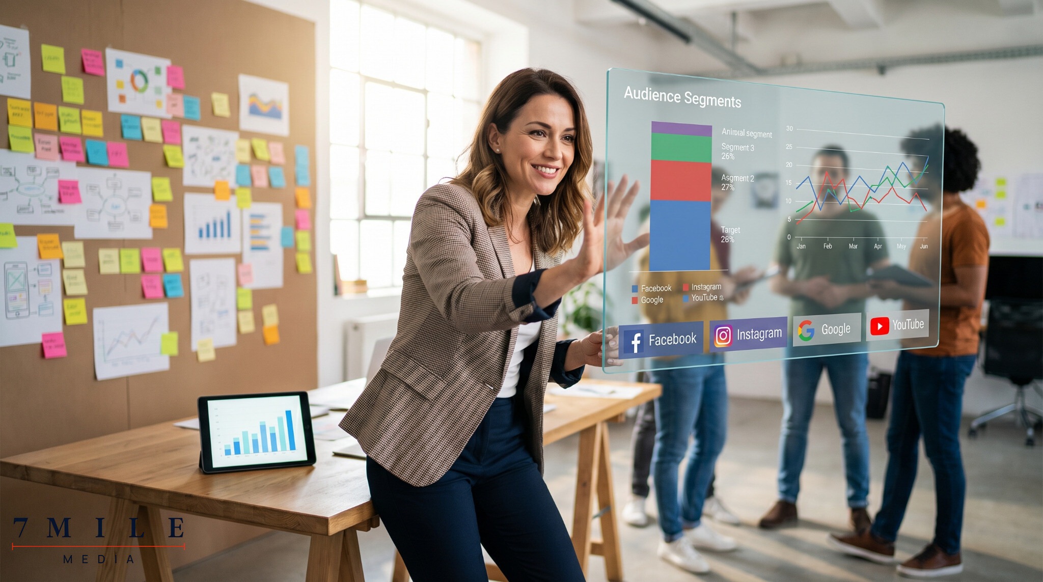 Businesswoman strategizing digital marketing audience segmentation in a modern creative studio