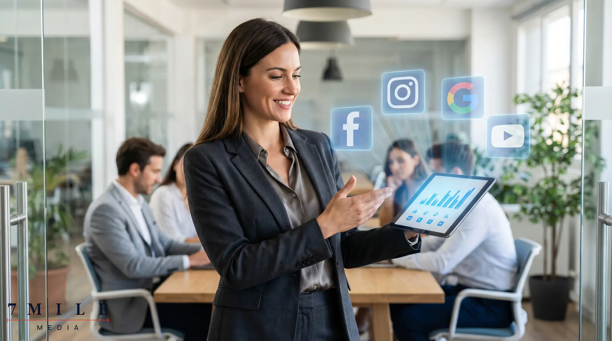Businesswoman presenting lead generation strategies with digital tablet and floating social media logos in a creative workspace