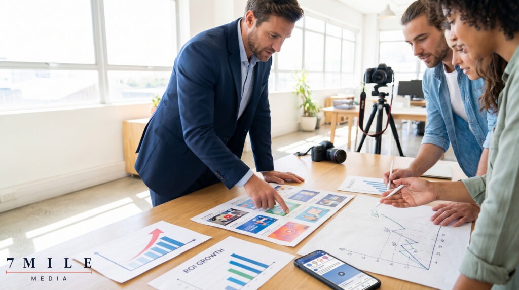 Business professional leading a creative strategy session for social media ads, surrounded by campaign visuals and marketing tools.