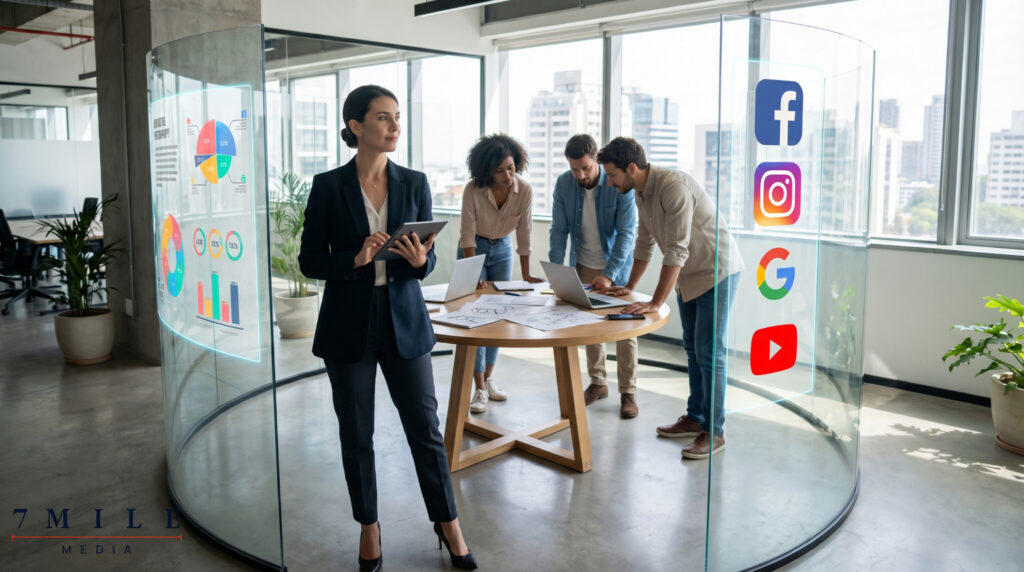 Businesswoman in a modern workspace, reviewing segmented audience data for precision marketing campaigns on Facebook, Instagram, Google, and YouTube.