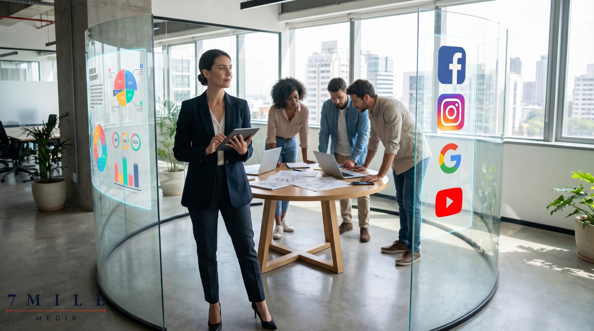 Businesswoman in a modern workspace, reviewing segmented audience data for precision marketing campaigns on Facebook, Instagram, Google, and YouTube.
