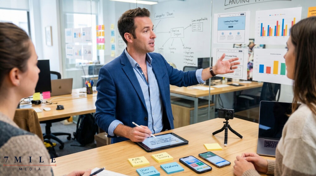 Business professional discusses CRO strategies at a creative workspace, highlighting landing page optimization and data analysis.
