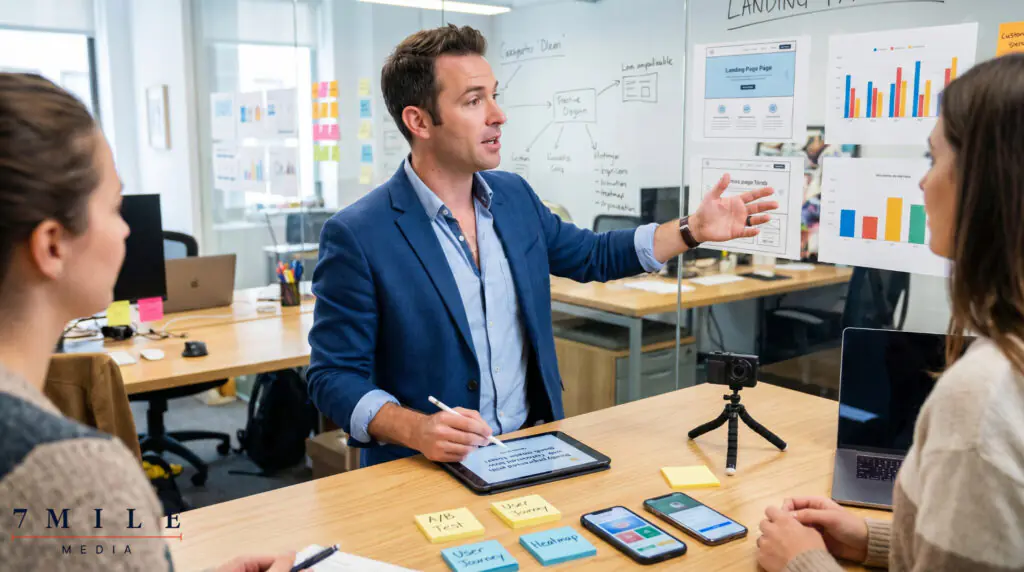 Business professional discusses CRO strategies at a creative workspace, highlighting landing page optimization and data analysis.
