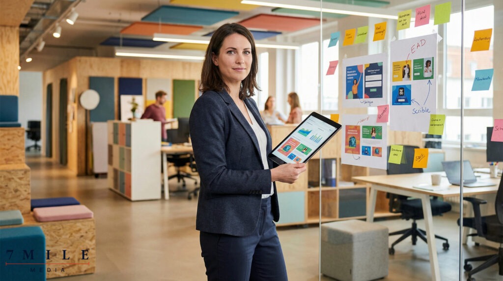 Businesswoman in creative workspace analyzing Facebook ad strategy data on a tablet