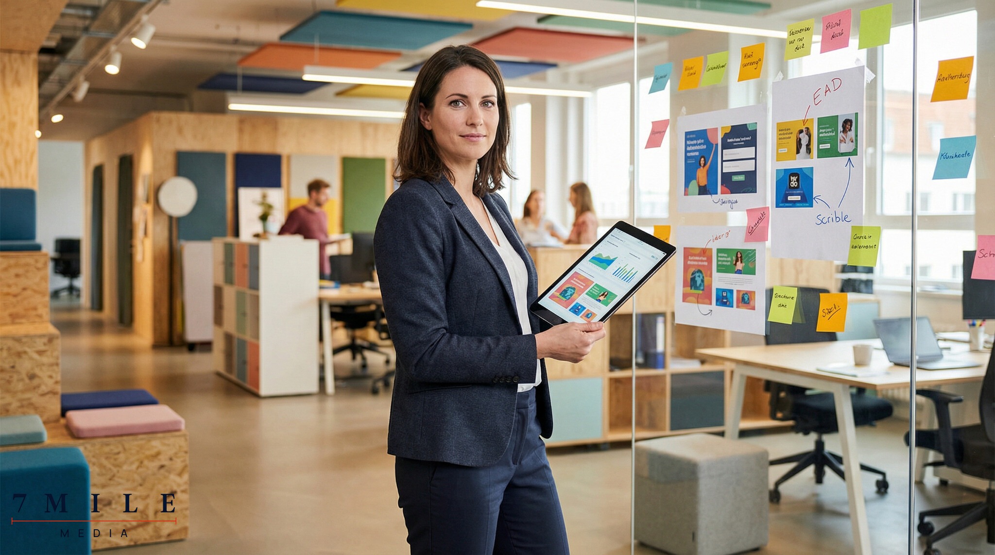 Businesswoman in creative workspace analyzing Facebook ad strategy data on a tablet