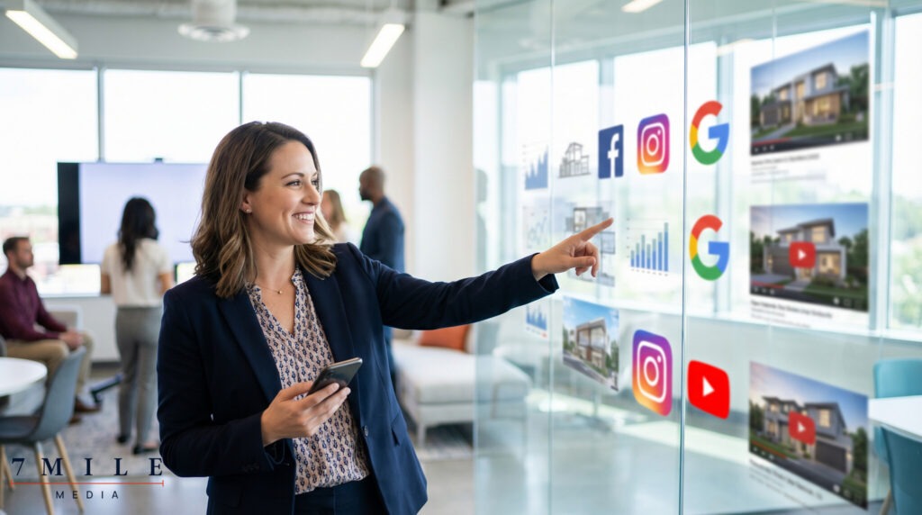 Real estate agent using digital paid media strategies for Facebook, Instagram, Google, and YouTube in a modern marketing workspace