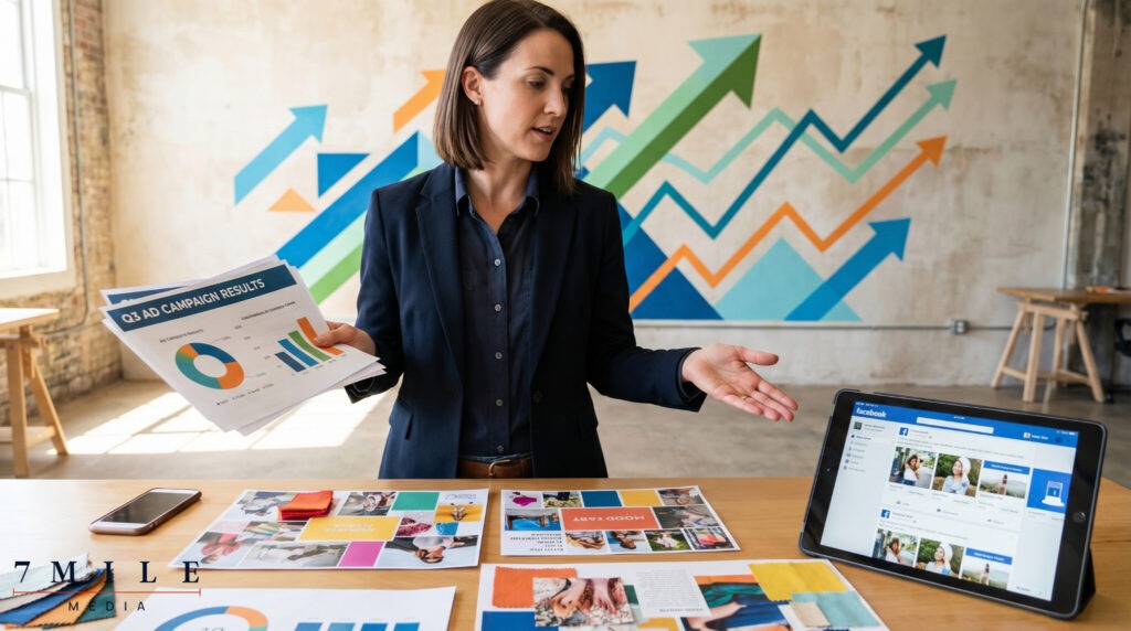 Business professional in modern workspace analyzing Facebook ad campaign strategies with creative materials and campaign results.