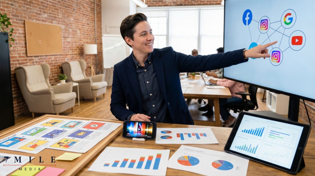 Professional marketer in a creative workspace mapping out campaign strategy with Facebook, Instagram, Google, and YouTube icons highlighted.