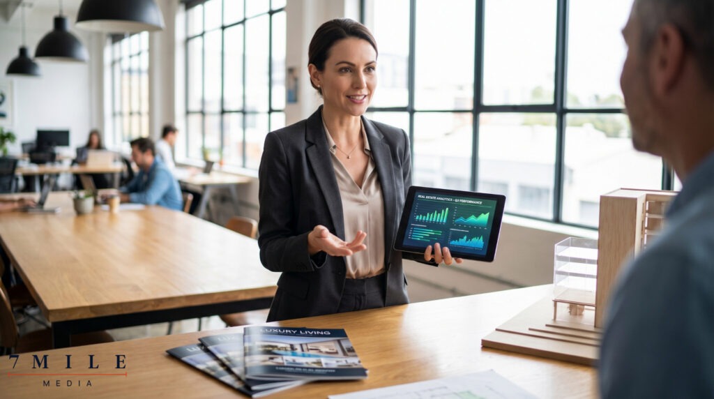 Businesswoman in modern workspace analyzing real estate digital marketing KPIs on a tablet, surrounded by property marketing materials.