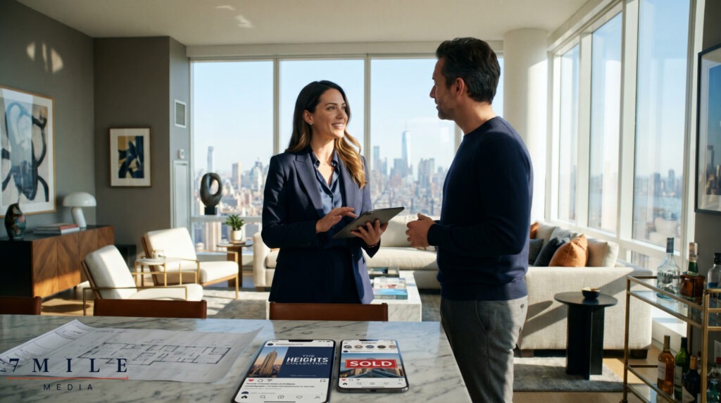 A businesswoman in a luxury penthouse uses a tablet to discuss digital marketing strategy for high-end real estate, with city views and marketing tools visible.