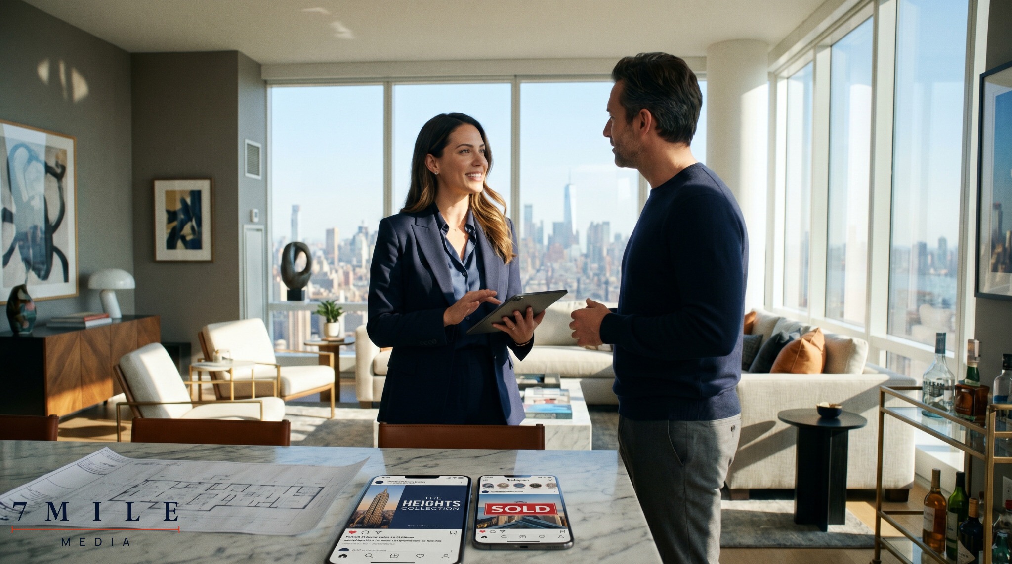 A businesswoman in a luxury penthouse uses a tablet to discuss digital marketing strategy for high-end real estate, with city views and marketing tools visible.