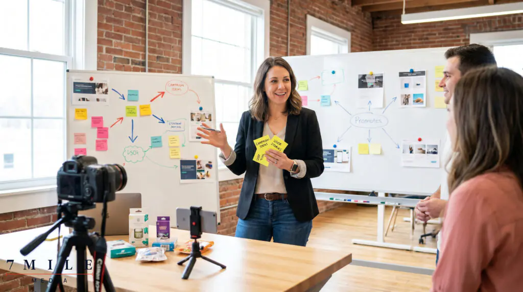 Marketing strategist leading creative brainstorming on hook frameworks for cold traffic with a team in a modern workspace.