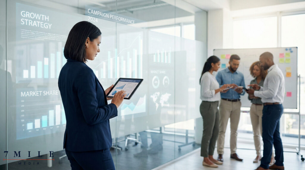 Businesswoman in modern workspace reviewing digital marketing analytics with team collaborating in background