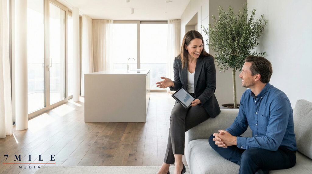 Real estate agent in business attire consulting with client about property marketing strategies in a modern home interior