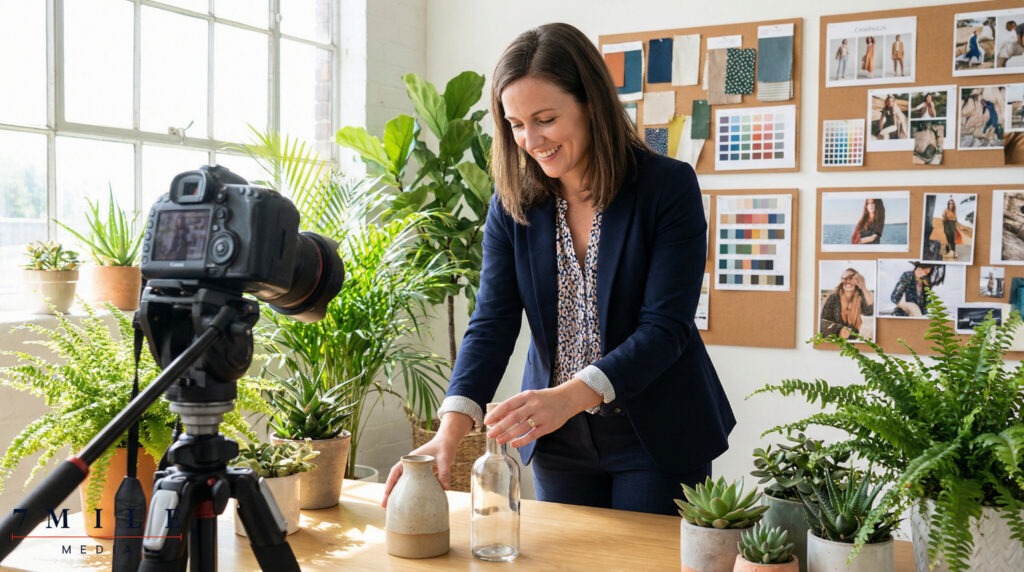 Businesswoman in a creative workspace setting up a branded Instagram photoshoot with props and a camera, surrounded by campaign visuals and mood boards.