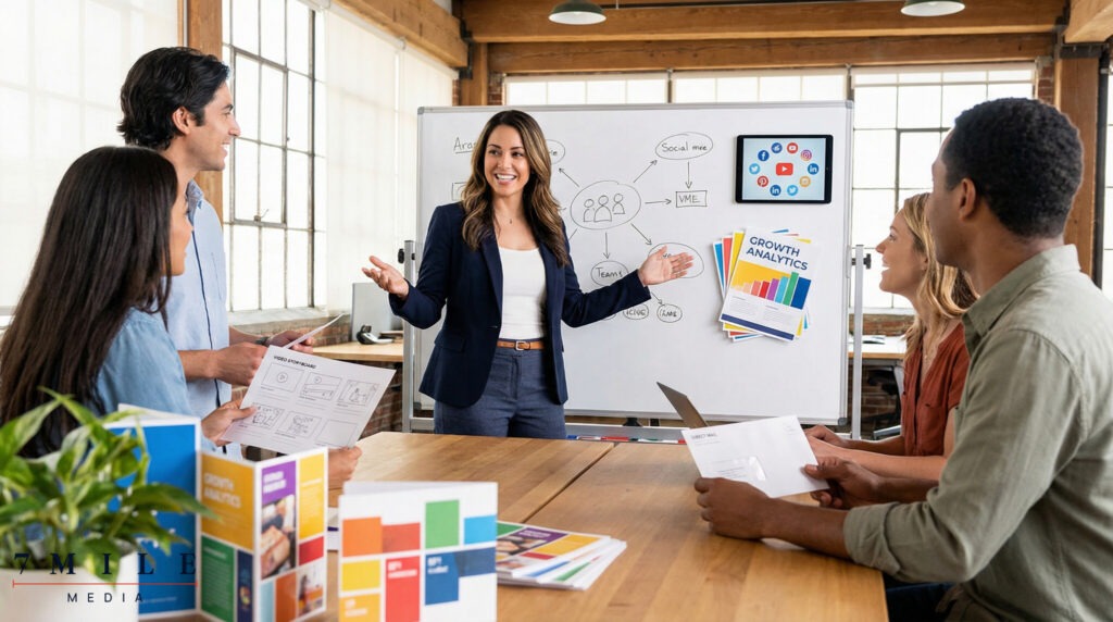Businesswoman leading a creative team meeting with digital marketing assets, campaign boards, and analytics sheets, representing scaling business strategies.