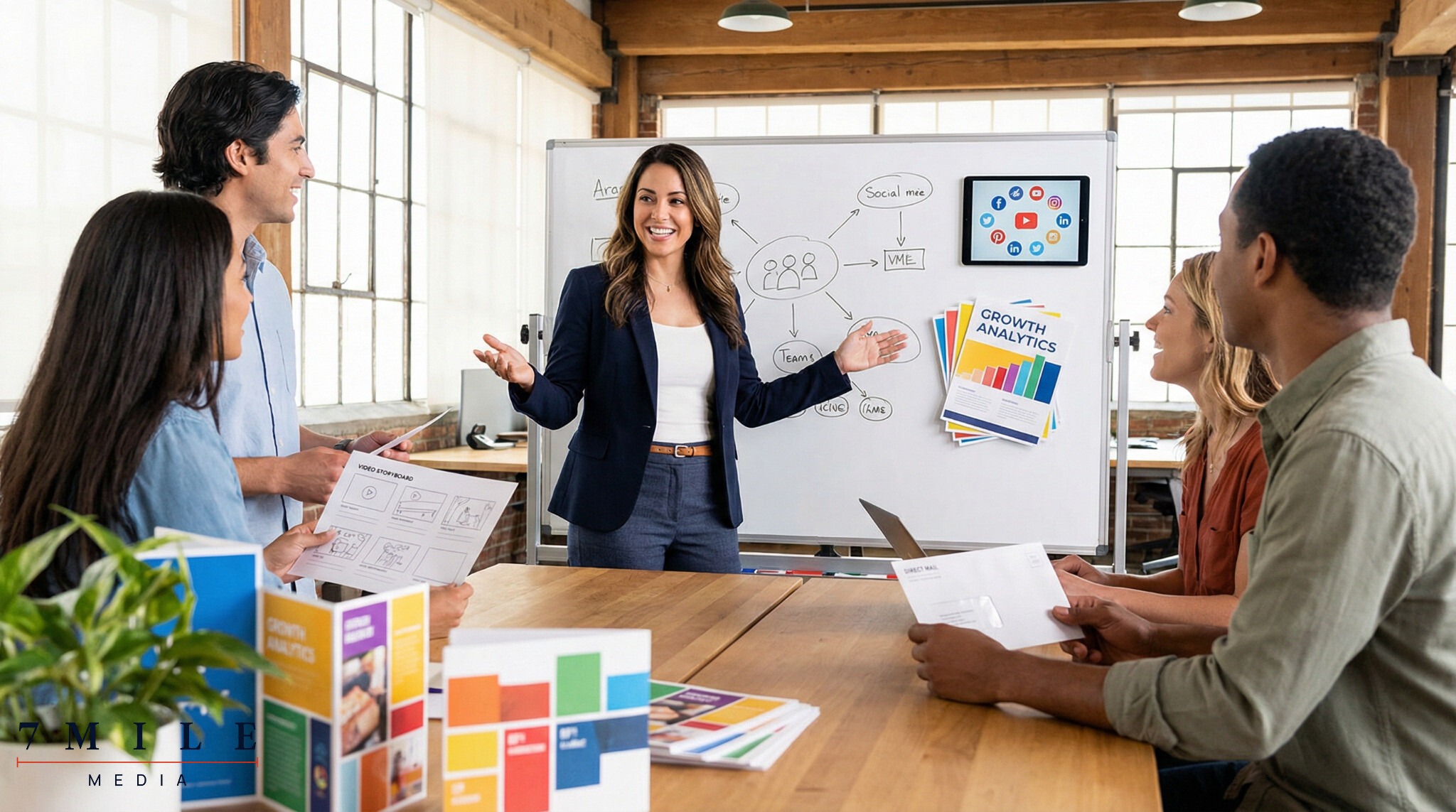 Businesswoman leading a creative team meeting with digital marketing assets, campaign boards, and analytics sheets, representing scaling business strategies.