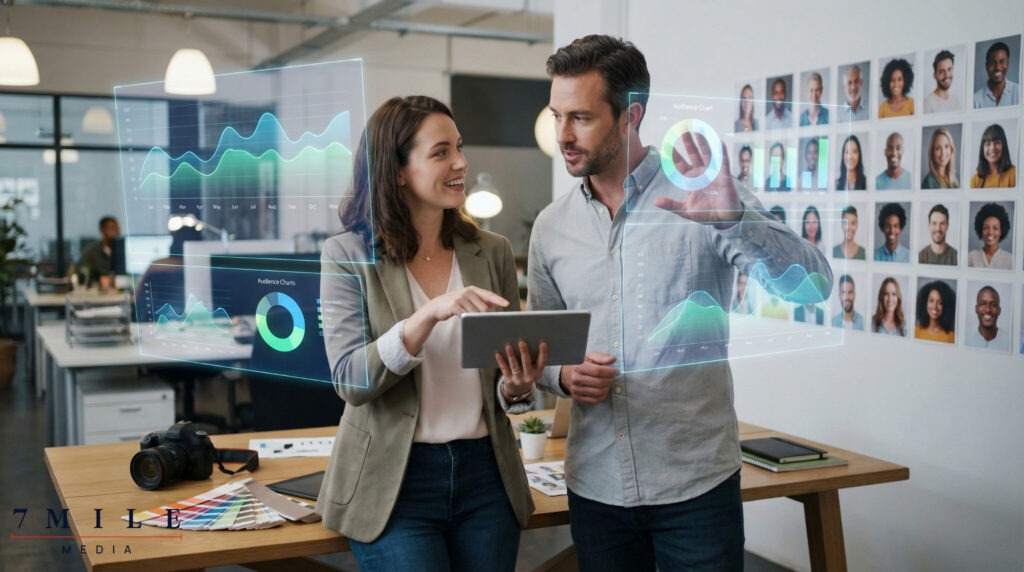 Businesswoman and colleague collaborating in a modern workspace with digital audience segmentation visuals, symbolizing precision targeting in online advertising.