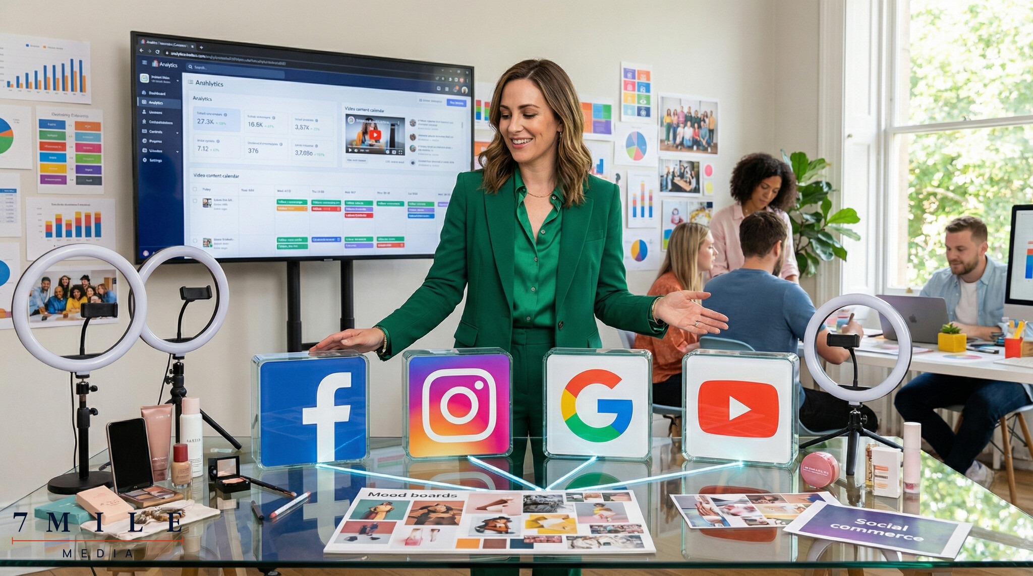 Businesswoman in a modern creative workspace analyzing charts and cross-channel marketing plans for Facebook, Instagram, Google, and YouTube.