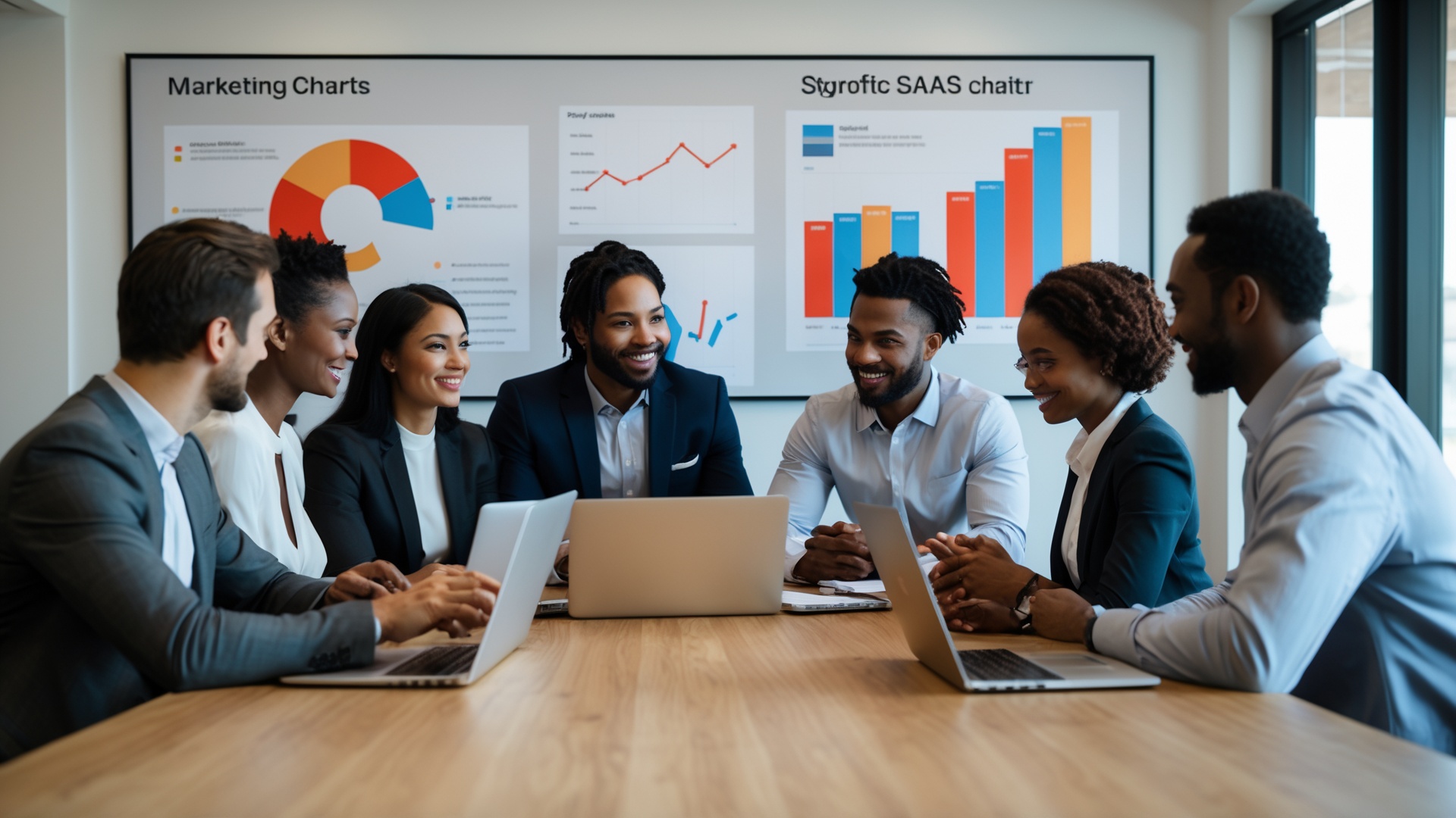 Modern office workspace with diverse team collaborating on SaaS marketing strategy